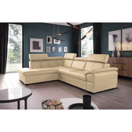 Canapé d'angle convertible en cuir italien de luxe 5/6 places TONY, avec coffre, beige, angle gauche