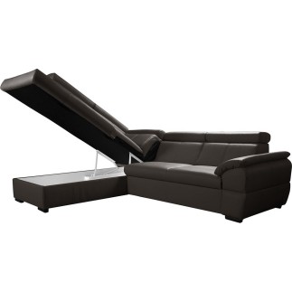 Canapé d'angle convertible en cuir italien de luxe 5/6 places TONY, avec coffre, chocolat, angle gauche