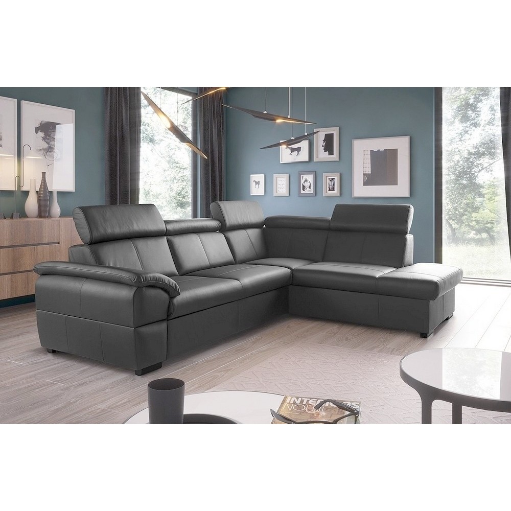 Canapé d'angle convertible en cuir italien de luxe 5/6 places TONY, avec coffre, gris foncé, angle droit