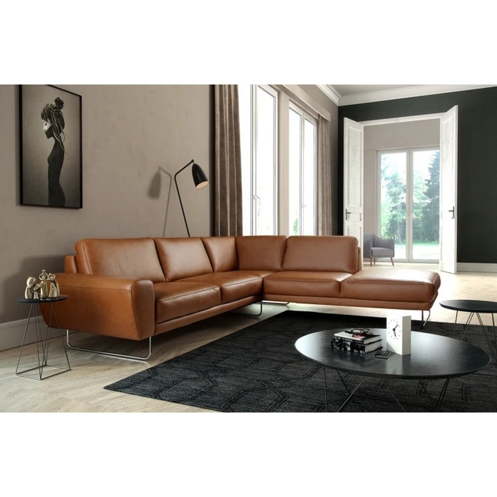 Canapé d'angle en 100% TOUT cuir italien de prestige 6/7 places SPENCER, marron cognac, angle droit