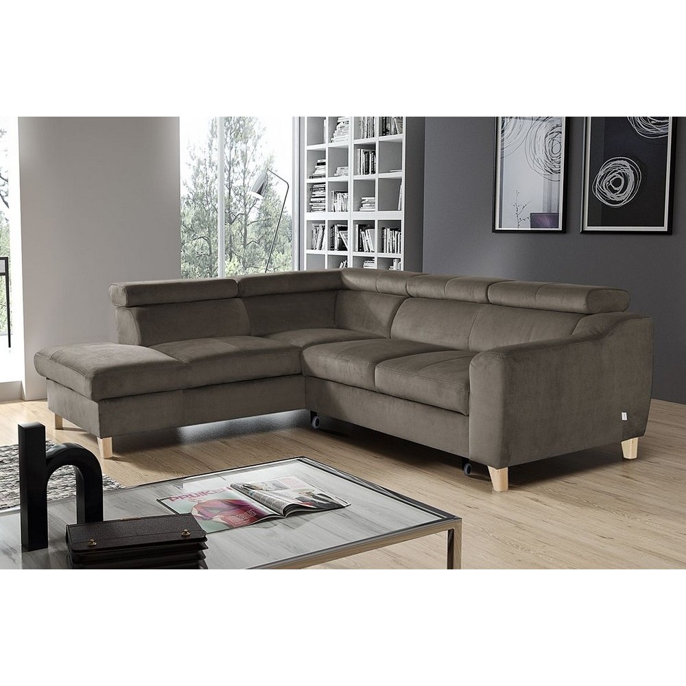 Canapé d'angle convertible en velours luxe 5 places, ASTERIA taupe, angle gauche